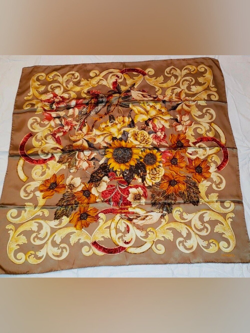 AUTHENTIC CHANEL 38" SILK  SUNFLOWERS BIRD AUTUMN COLORS/ Gorgeous!